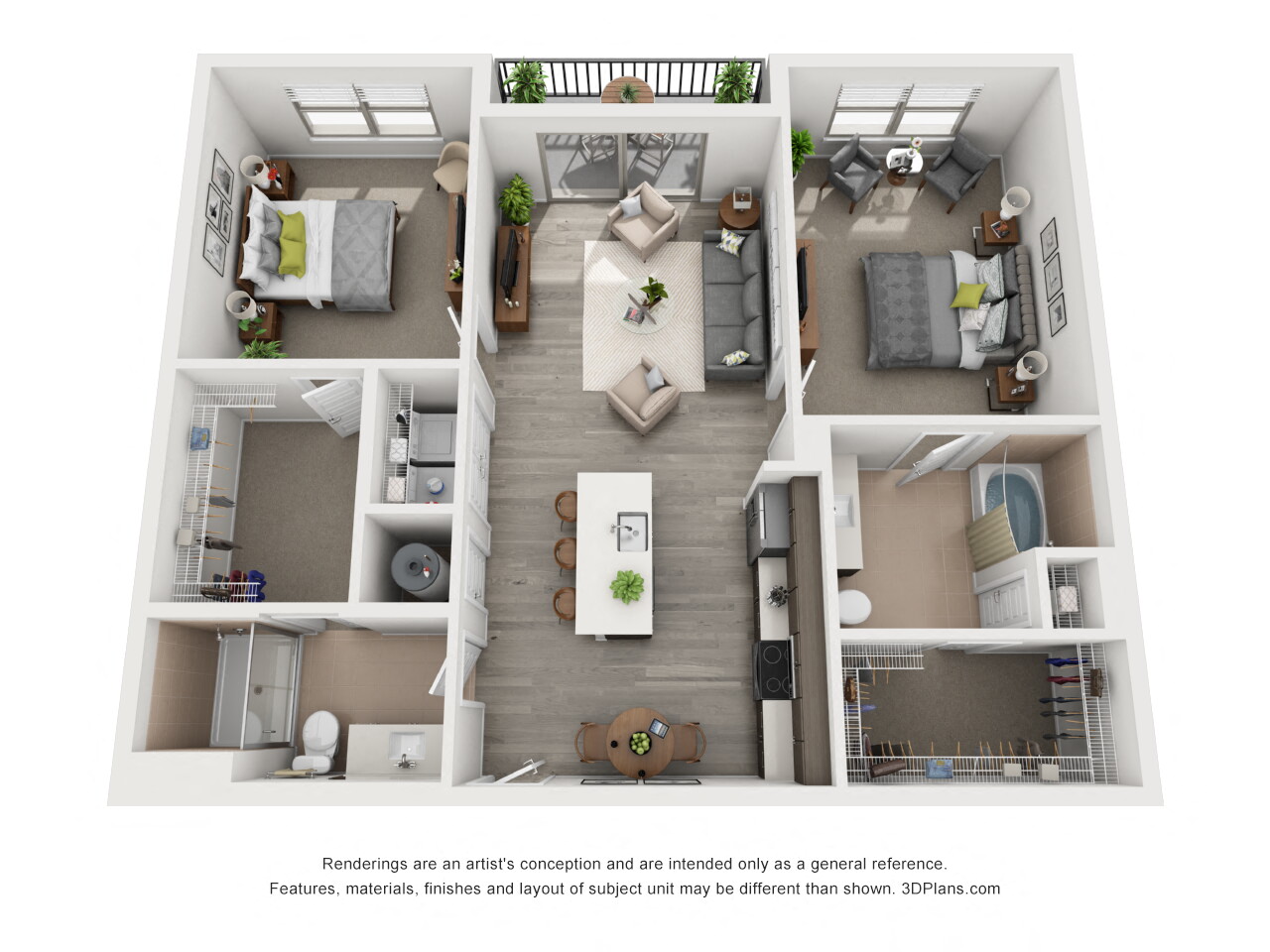 Floor plan for 2 beds, 2 baths, 1162 sqft